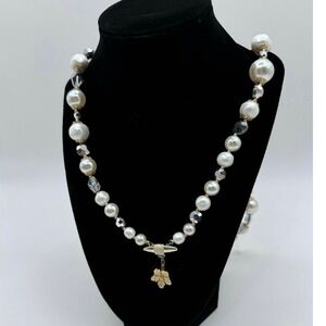 Vintage VENDOME Flower Faux Pearl, Textured Beads And Rhinestone Necklace Signed
